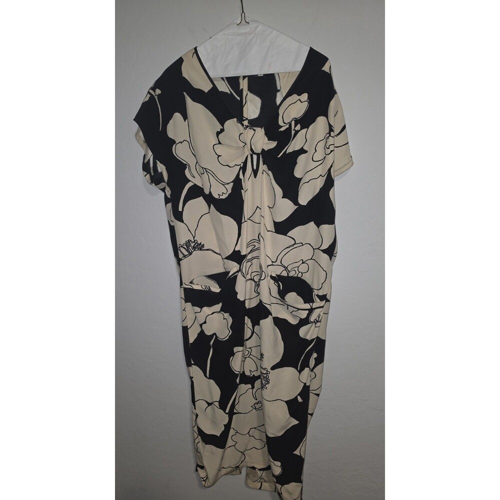 VTG Gianni Versace Black Cream Graphic Floral Twist Front Dress Pockets 90s S M